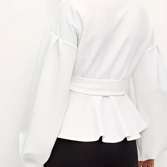 Elegant Off-Shoulder Blouse with Lantern Sleeves and Ruffle Hem - Picture 5 of 5